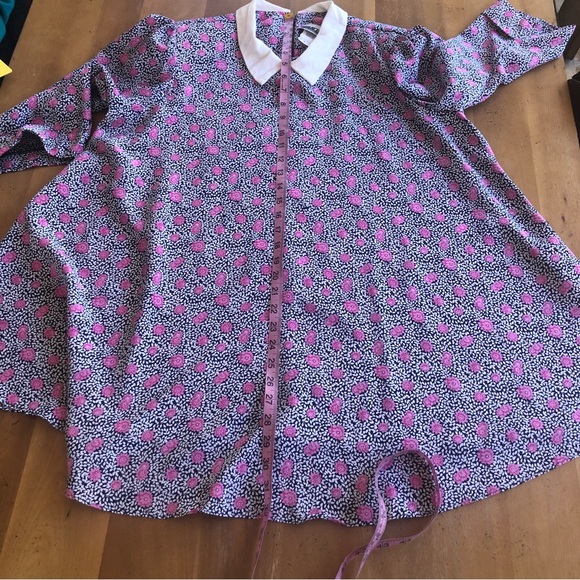 Vintage Pink Rose Patterned Silky Blouse Tunic White Peter Pan Collar Abstract - Picture 10 of 13